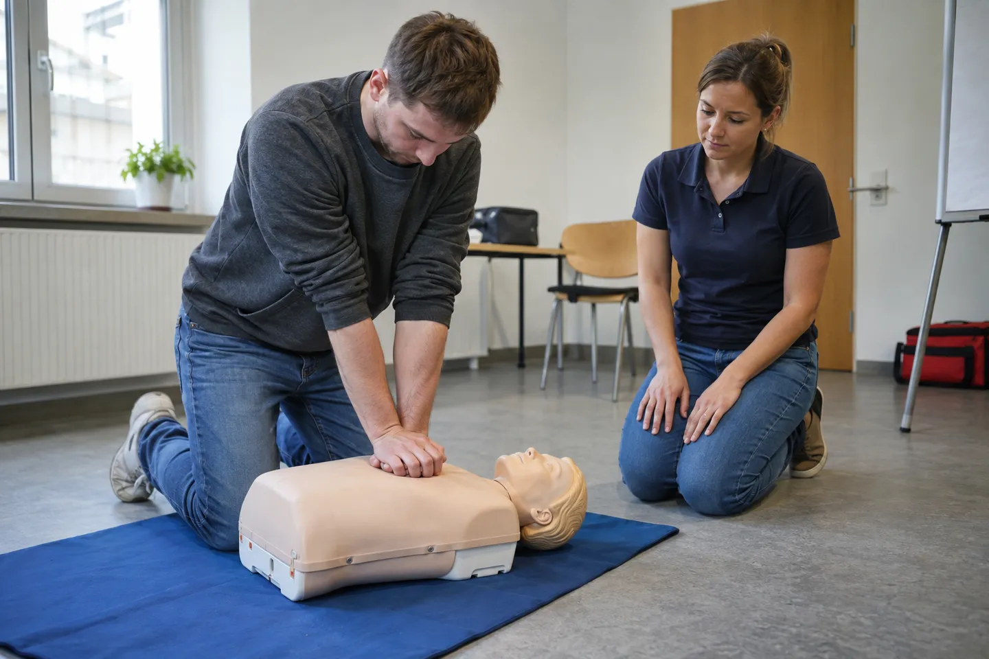 Erste-Hilfe-Übung an einer Trainingspuppe unter Anleitung (KI-generiertes Symbolbild)